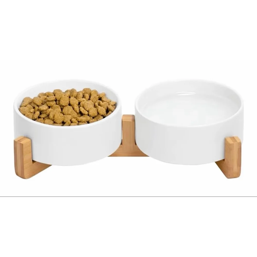 NEW Ceramic Dog Cat Bowl Set Wooden Stand Non-Slip Matte